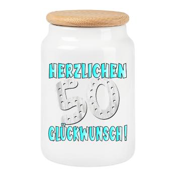 50. Geburtstag Herzlichen Glückwunsch - REITEN - Keksdose mit Holzdeckel - Weiß - Vorne