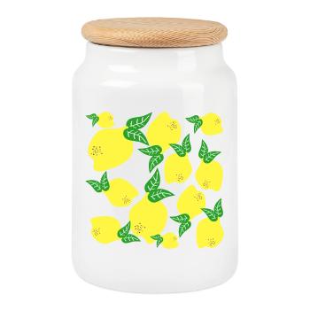 Lemon Pattern - Cookie Jar with Wooden Lid - white - Front