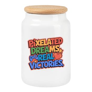 PIXELATED DREAMS, REAL VICTORIES, GAMING - Cookie Jar with Wooden Lid - white - Front