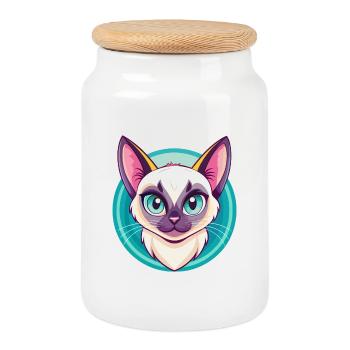 Siamese Cat Breed Cartoon Kawaii Animal Pet - Cookie Jar with Wooden Lid - white - Front