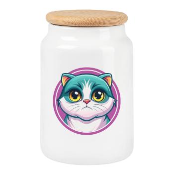 Scottish Fold Cat Breed Cartoon Kawaii Animal Pet - Cookie Jar with Wooden Lid - white - Front