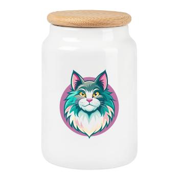 Chat de la forêt norvégienne Race Dessin animé Kawaii Animal - Boîte à biscuits avec couvercle en bois - blanc - Devant