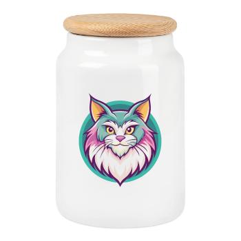 German Longhair Cat Breed Cartoon Kawaii Animal - Cookie Jar with Wooden Lid - white - Front