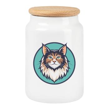 German Longhair Cat Breed Cartoon Kawaii Animal - Cookie Jar with Wooden Lid - white - Front