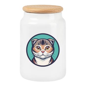 Scottish Fold Cat Breed Cartoon Kawaii Animal Pet - Cookie Jar with Wooden Lid - white - Front