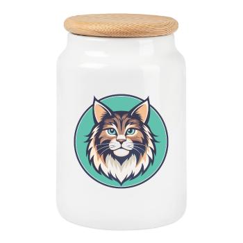 Chat Sibérien Race Dessin animé Kawaii Animal Pet - Boîte à biscuits avec couvercle en bois - blanc - Devant