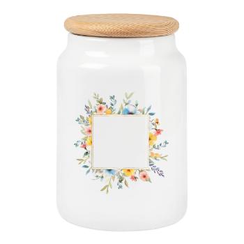 Blumen-Design, eckig, personalisierbar - Keksdose mit Holzdeckel - Weiß - Vorne