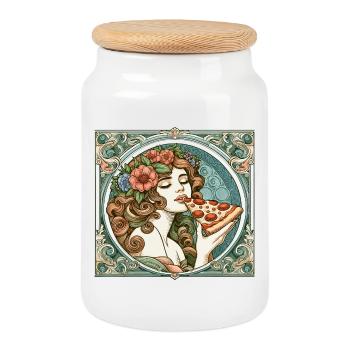 Pizza Beautiful Woman Art Nouveau Gift - Cookie Jar with Wooden Lid - white - Front