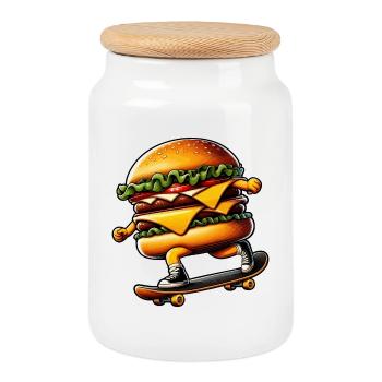 Cheeseburger Burger Skateboard Skater - Cookie Jar with Wooden Lid - white - Front