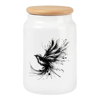Black Bird in InkArt Style - Cookie Jar with Wooden Lid - white - Front