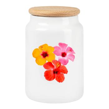 Hibiskus Trio - Tropische Blüten - Keksdose mit Holzdeckel - Weiß - Vorne