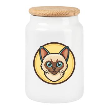 Balinese Cat Breed Cartoon Kawaii Animal Pet - Cookie Jar with Wooden Lid - white - Front