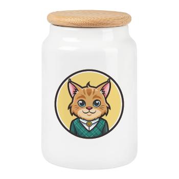 Highlander Cat Breed Cartoon Kawaii Animal Pet - Cookie Jar with Wooden Lid - white - Front