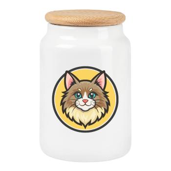 Forêt norvégienne Chat Race Dessin animé Kawaii Animal - Boîte à biscuits avec couvercle en bois - blanc - Devant