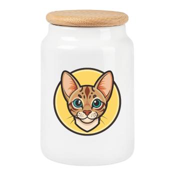 Ocicat Cat Breed Cartoon Kawaii Animal Pet - Cookie Jar with Wooden Lid - white - Front
