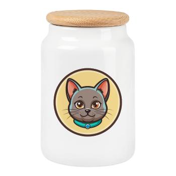 Chat bleu russe race dessin animé Kawaii animal de compagnie - Boîte à biscuits avec couvercle en bois - blanc - Devant