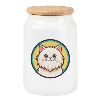 White Longhair Persian Cat Breed Cartoon Kawaii - Cookie Jar with Wooden Lid - white - Front