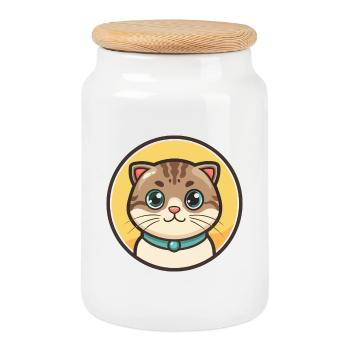 Scottish Fold Cat Breed Cartoon Kawaii Animal Pet - Cookie Jar with Wooden Lid - white - Front