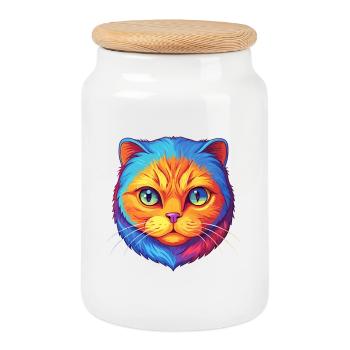 Scottish Fold Cat Breed Cartoon Kawaii Animal Pet - Cookie Jar with Wooden Lid - white - Front