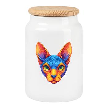 Chat Sphynx Race de chat Dessin animé Kawaii Animal de compagnie - Boîte à biscuits avec couvercle en bois - blanc - Devant
