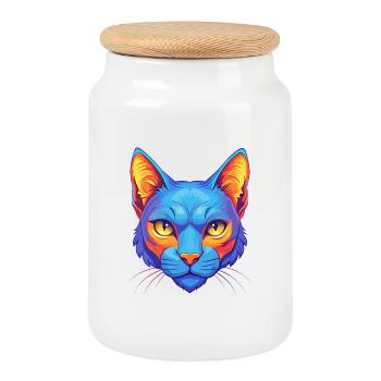 Chat bleu russe, animal de compagnie de dessin animé Kawaii - Boîte à biscuits avec couvercle en bois - blanc - Devant