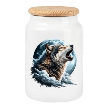 Le loup hurle à la pleine lune - Boîte à biscuits avec couvercle en bois - blanc - Devant