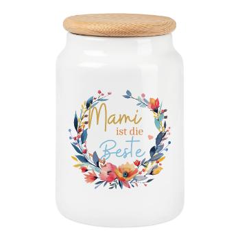 Mami ist die Beste! Blumen, bunt, personalisierbar - Keksdose mit Holzdeckel - Weiß - Vorne