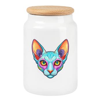 Peterbald Cat Breed Cartoon Kawaii Animal Pet - Cookie Jar with Wooden Lid - white - Front