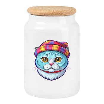 Scottish Fold Cat Breed Cartoon Kawaii Animal Pet - Cookie Jar with Wooden Lid - white - Front