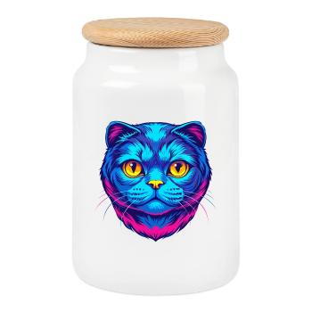 Scottish Fold Cat Breed Cartoon Kawaii Animal Pet - Cookie Jar with Wooden Lid - white - Front