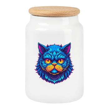 Chat Selkirk Rex Race de chat Dessin animé Kawaii Animal de compagnie - Boîte à biscuits avec couvercle en bois - blanc - Devant