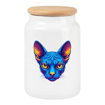 Chat Sphynx Race de chat Dessin animé Kawaii Animal de compagnie - Boîte à biscuits avec couvercle en bois - blanc - Devant