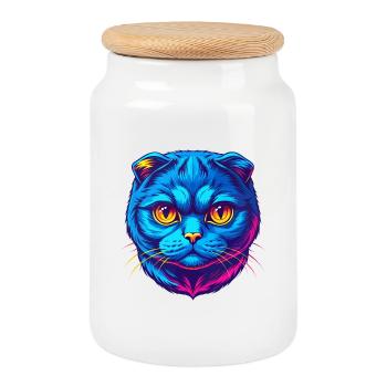 Scottish Fold Shorthair Cat Breed Cartoon Kawaii A - Cookie Jar with Wooden Lid - white - Front
