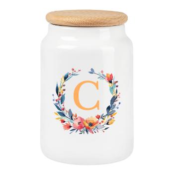 C Monogram, Couronne de fleurs, Personnalisable - Boîte à biscuits avec couvercle en bois - blanc - Devant