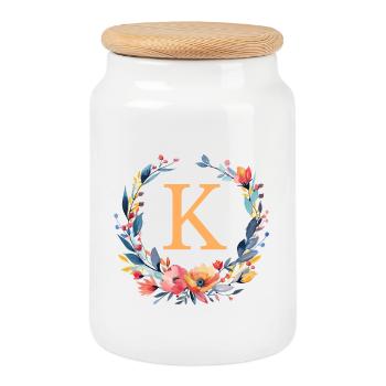 K Monogramm, Blumen-Kranz, personalisierbar - Keksdose mit Holzdeckel - Weiß - Vorne