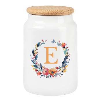e Monogram, Couronne de fleurs, Personnalisable - Boîte à biscuits avec couvercle en bois - blanc - Devant