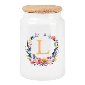 L Monogram, Couronne de fleurs, Personnalisable - Boîte à biscuits avec couvercle en bois - blanc - Devant