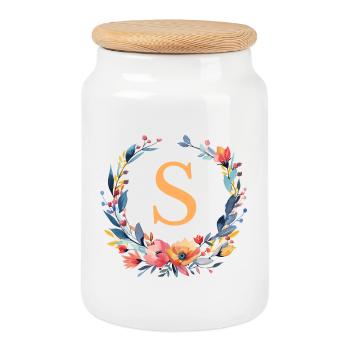S Monogramm, Blumen-Kranz, personalisierbar - Keksdose mit Holzdeckel - Weiß - Vorne