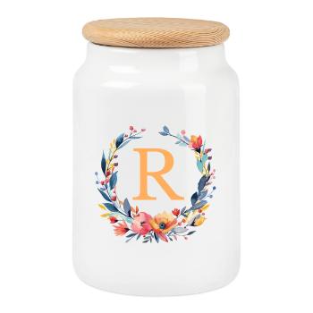 R Monogramm, Blumen-Kranz, personalisierbar - Keksdose mit Holzdeckel - Weiß - Vorne