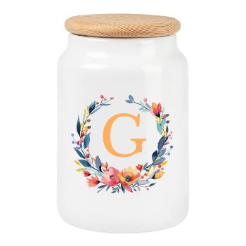 G Monogram, Couronne de fleurs, Personnalisable - Boîte à biscuits avec couvercle en bois - blanc - Devant