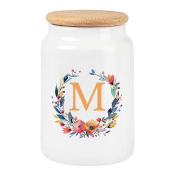 M Monogram, Couronne de fleurs, Personnalisable - Boîte à biscuits avec couvercle en bois - blanc - Devant