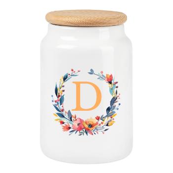 D Monogramm, Blumen-Kranz, personalisierbar - Keksdose mit Holzdeckel - Weiß - Vorne