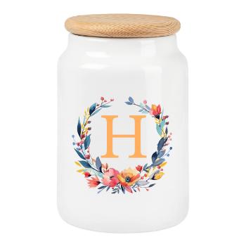 H Monogramm, Blumen-Kranz, personalisierbar - Keksdose mit Holzdeckel - Weiß - Vorne
