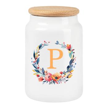 P Monogram, Couronne de fleurs, Personnalisable - Boîte à biscuits avec couvercle en bois - blanc - Devant