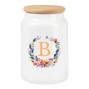B Monogram, Couronne de fleurs, Personnalisable - Boîte à biscuits avec couvercle en bois - blanc - Devant