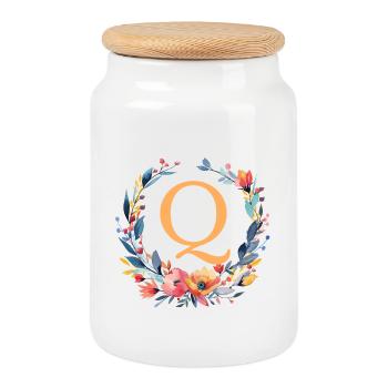 Q Monogram, Couronne de fleurs, Personnalisable - Boîte à biscuits avec couvercle en bois - blanc - Devant