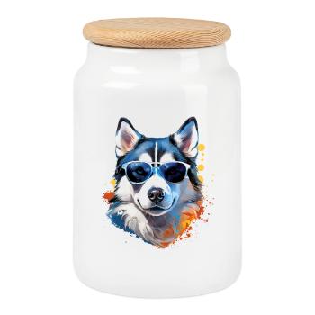 Husky with sunglasses - Cookie Jar with Wooden Lid - white - Front