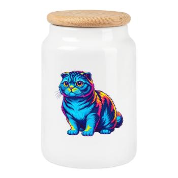 Scottish Fold Cat Breed Cartoon Kawaii Animal Pet - Cookie Jar with Wooden Lid - white - Front