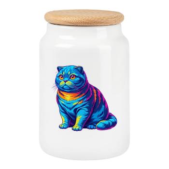 Scottish Fold Shorthair Cat Breed Cartoon Kawaii A - Cookie Jar with Wooden Lid - white - Front