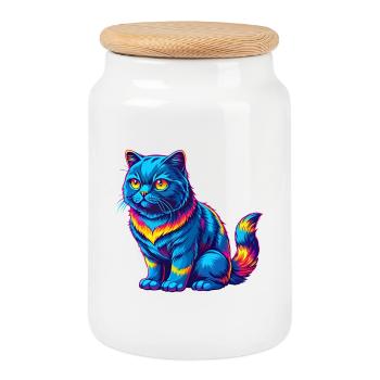 Chat droit écossais race dessin animé Kawaii Animal - Boîte à biscuits avec couvercle en bois - blanc - Devant